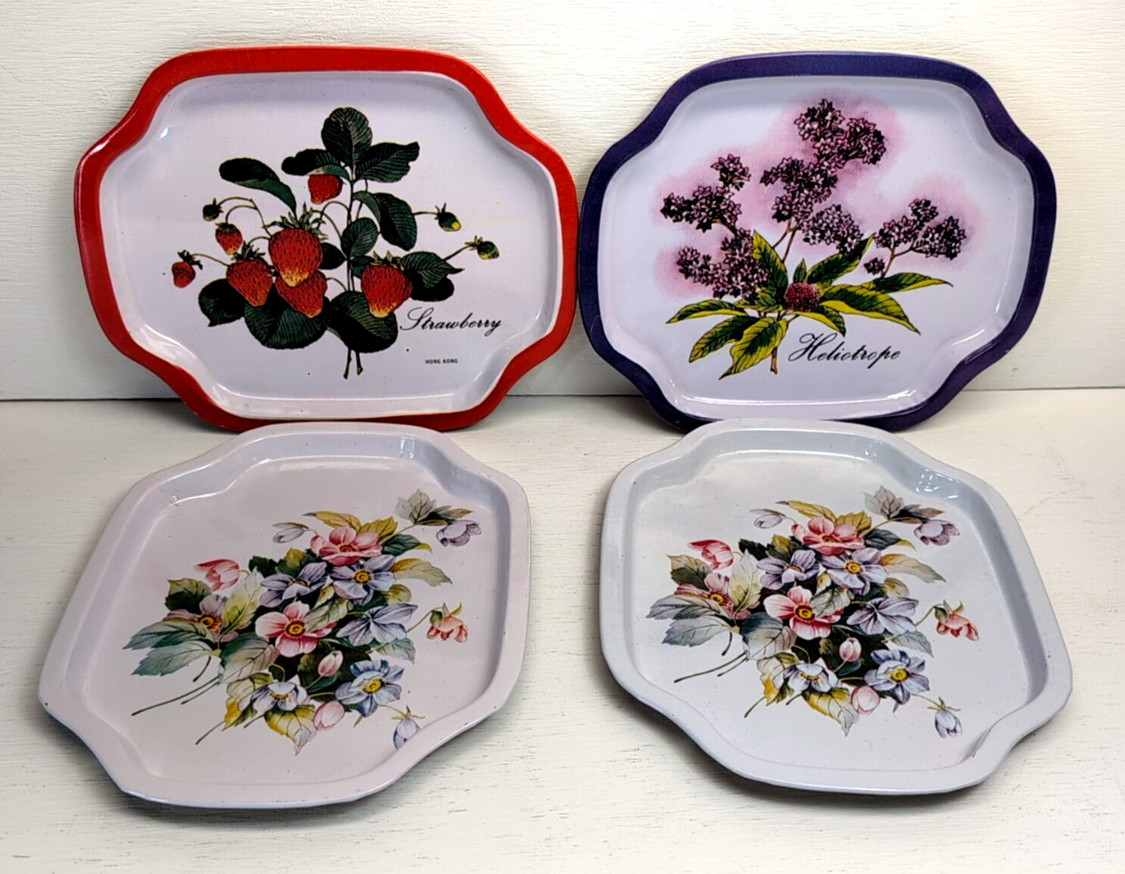 VINTAGE! METAL TIN ENAMEL TRAY FLOWERS HELIOTROPE STRAWBERRY HONG KONG SET OF 4