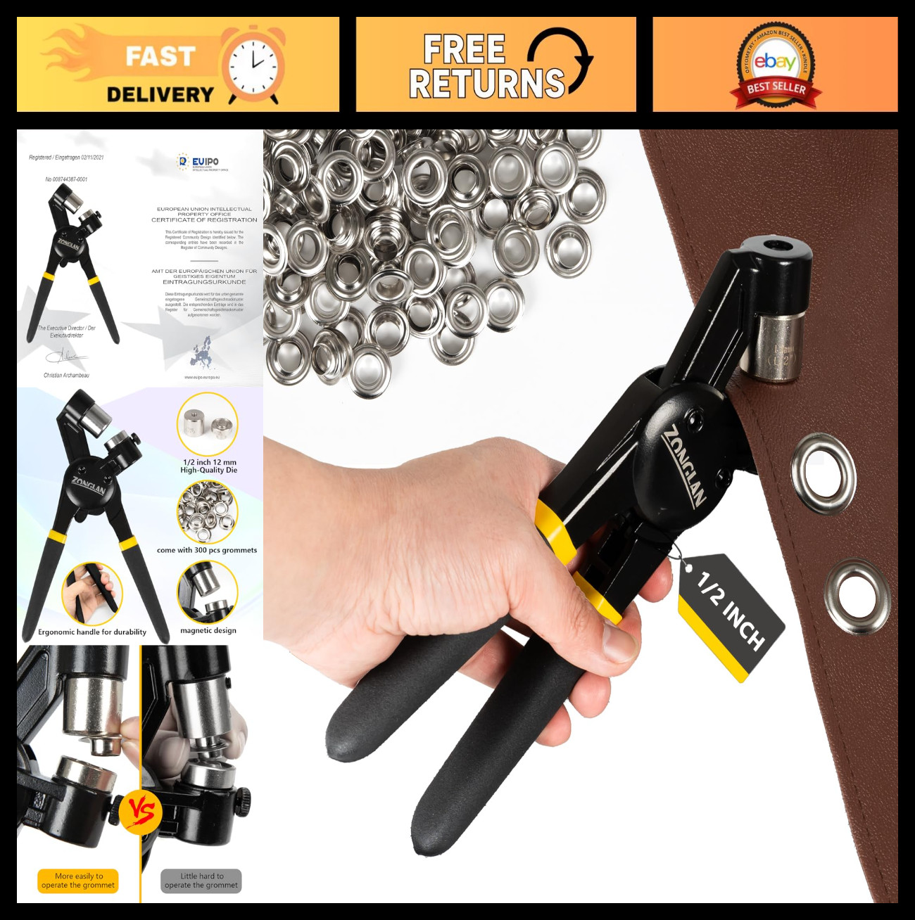 Heavy Duty Grommet Tool Kit - 1/2" Die, 300 Sets 12MM Grommets, Manual Eyelet Pl