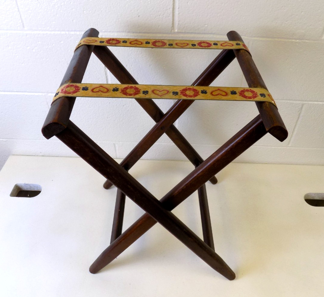 Vintage Wooden Folding Luggage Suitcase Rack Stand Floral Straps 21” AirBnb