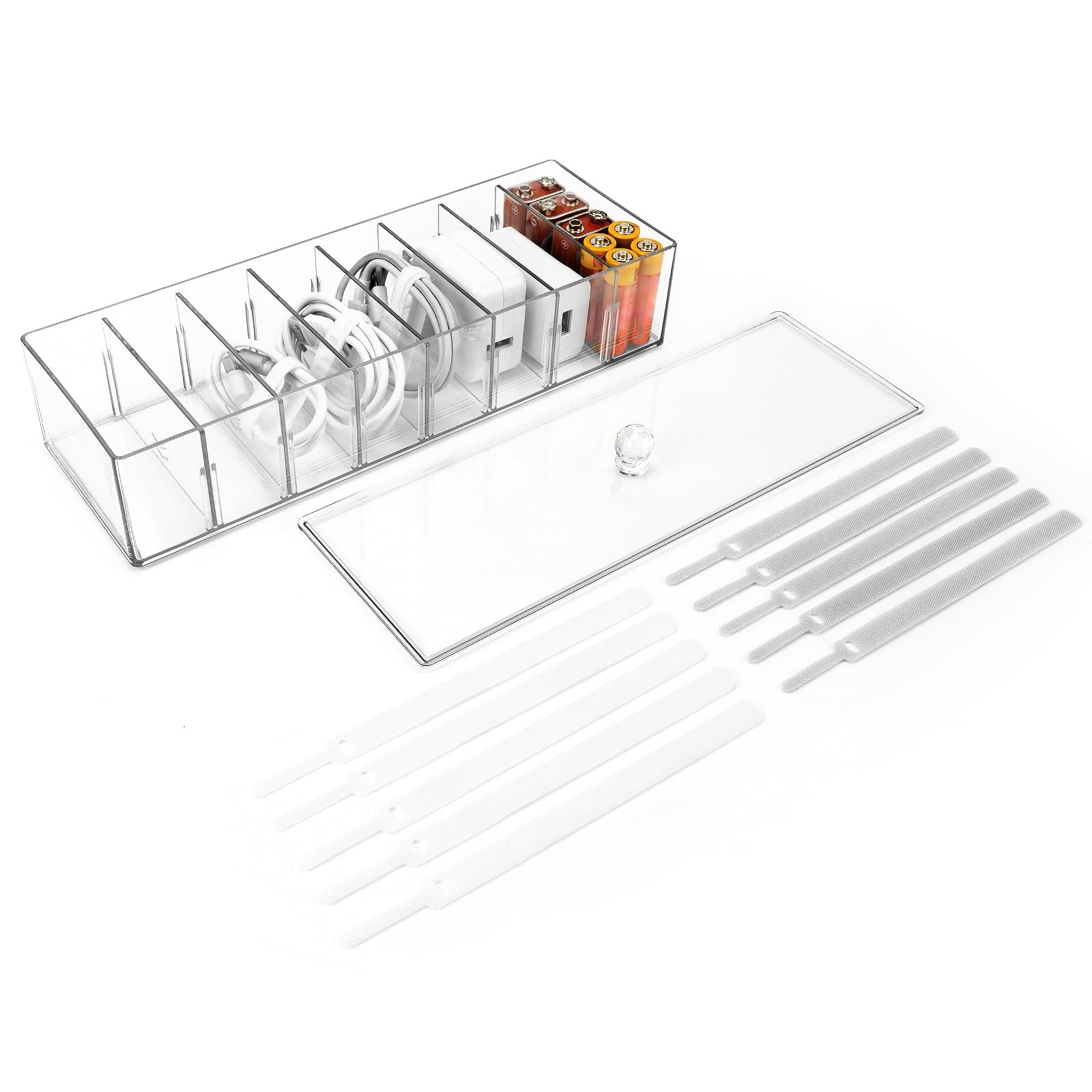 Cable Organizer Box with 10 Wire Ties, Clear Charger Cord Storage 