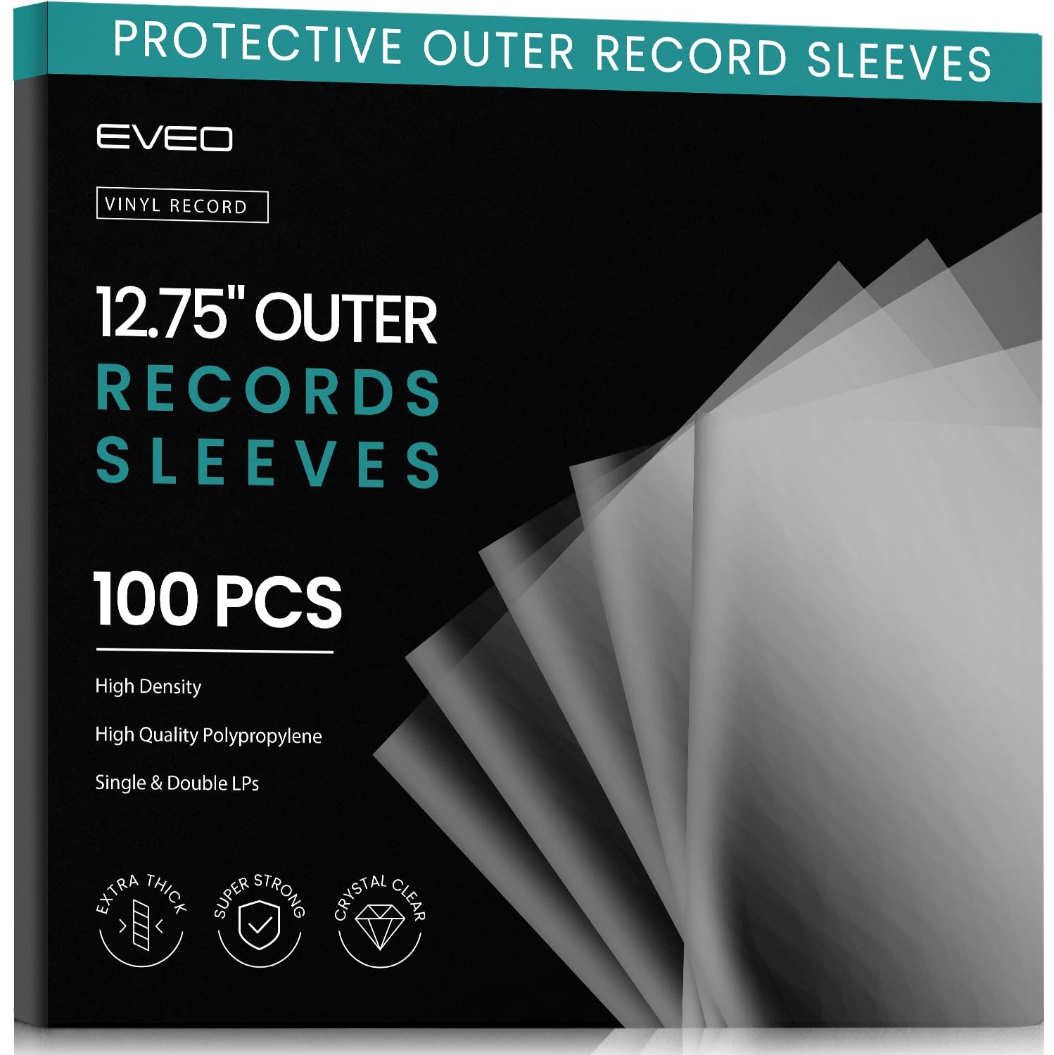 EVEO 100 Vinyl Record Sleeves Outer – x100 Count, Transparent 