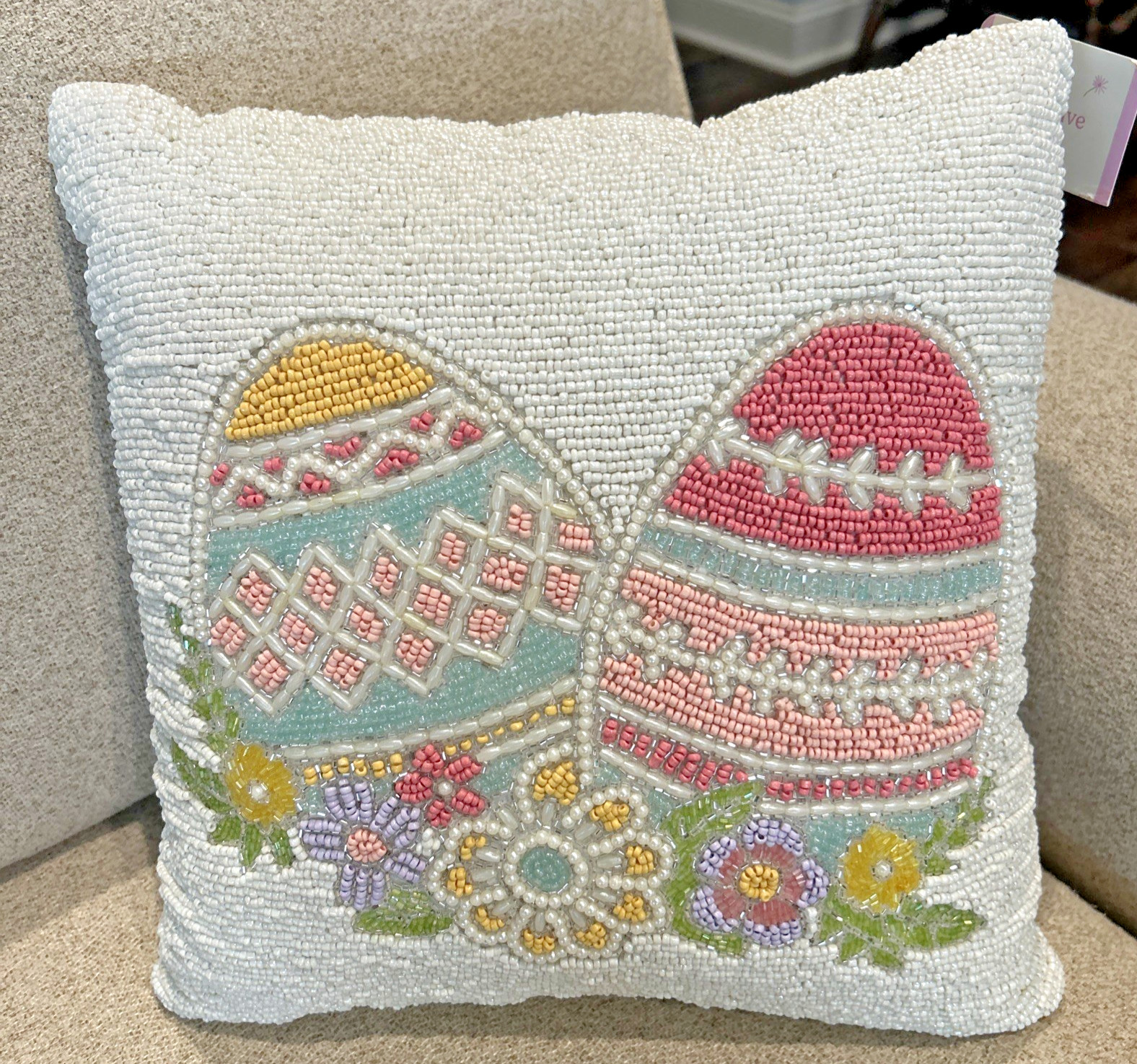 Easter Pastel Eggs Yellow Blue Pink Beaded Throw Pillow Gorgeous! 12" x 12"