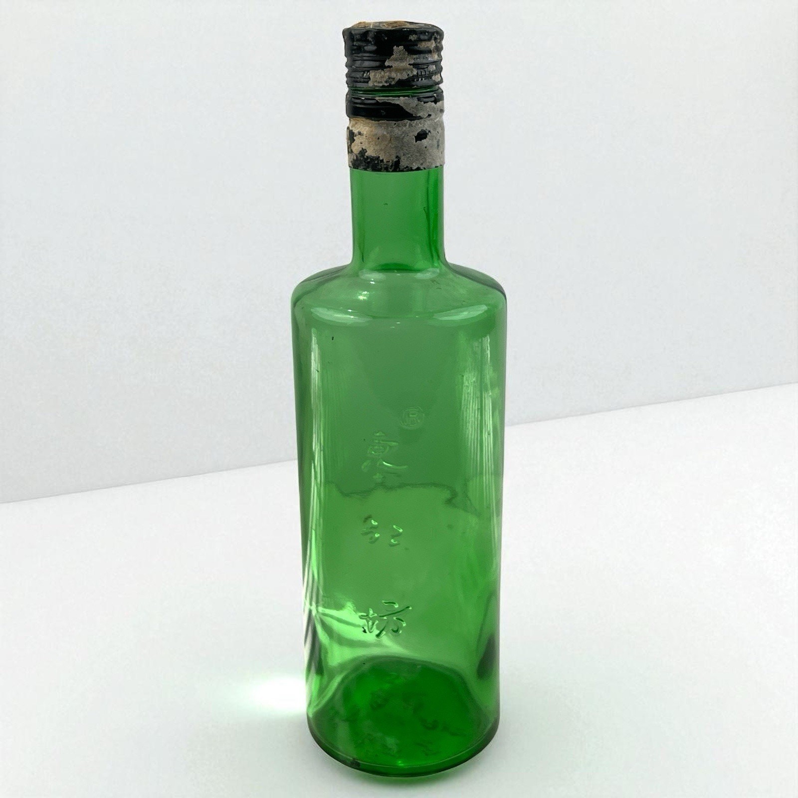 Vintage Green Glass Liquor Bottle Chinese Embossed Baijiu Jianshi Factory 1960s