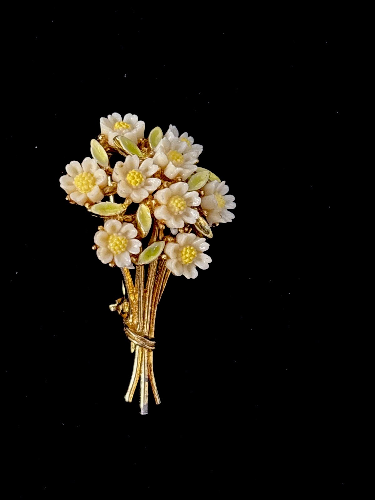 Vintage ART Arthur Pepper Carved Lucite Enamel Rhinestone Flower Basket Brooch