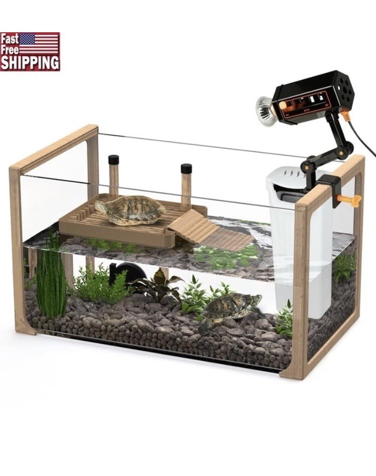 Turtle Aquarium Kit W Heating Lamp Basking Platform Easy Clean New Plants