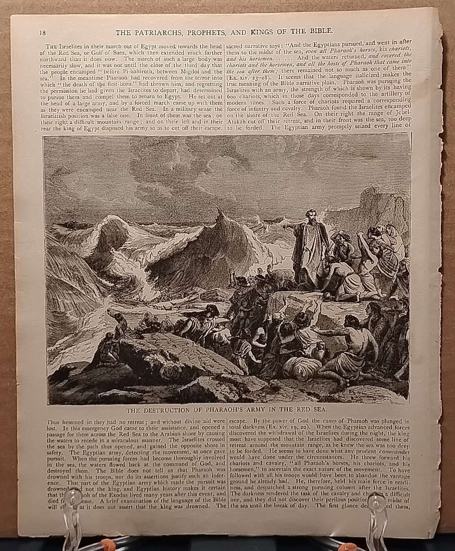 1884 - Vintage DESTRUCTION OF PHARAOH'S ARMY Antique Bible Print from 1800s