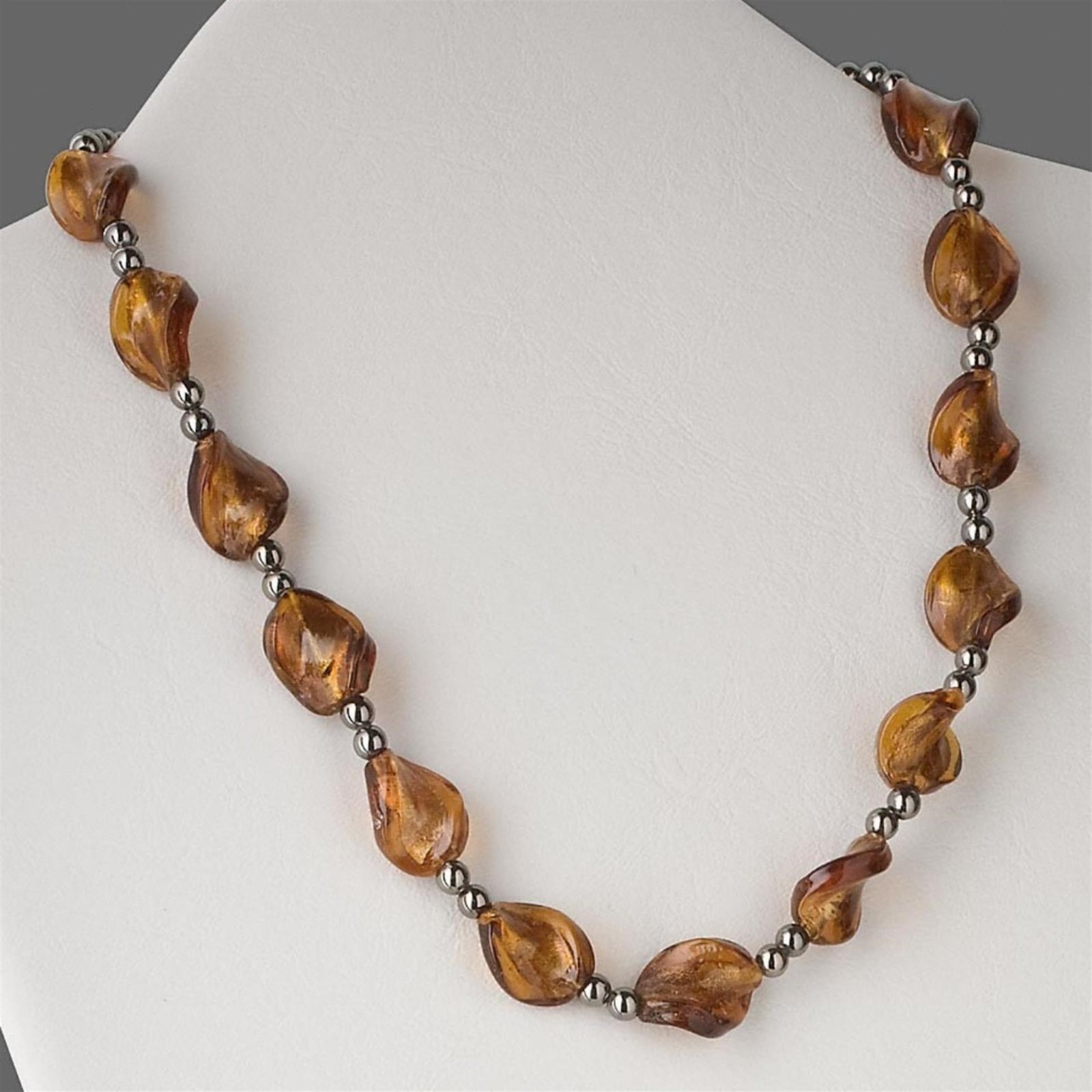 Handcrafted Twisted Amber Murano Glass & Gunmetal Brass Beads Necklace