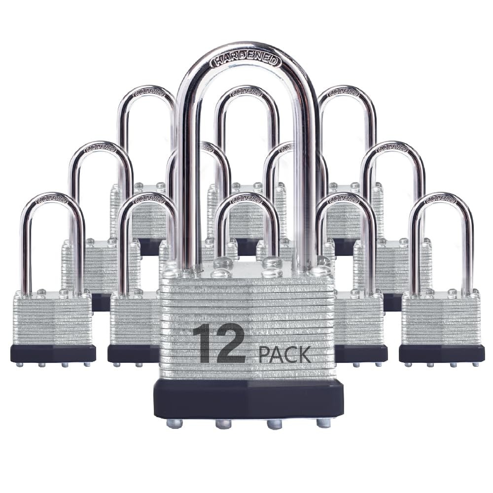 XanHen Keyed Alike Laminated Steel Padlocks with 12 Pack, 12p,Long Shackle 