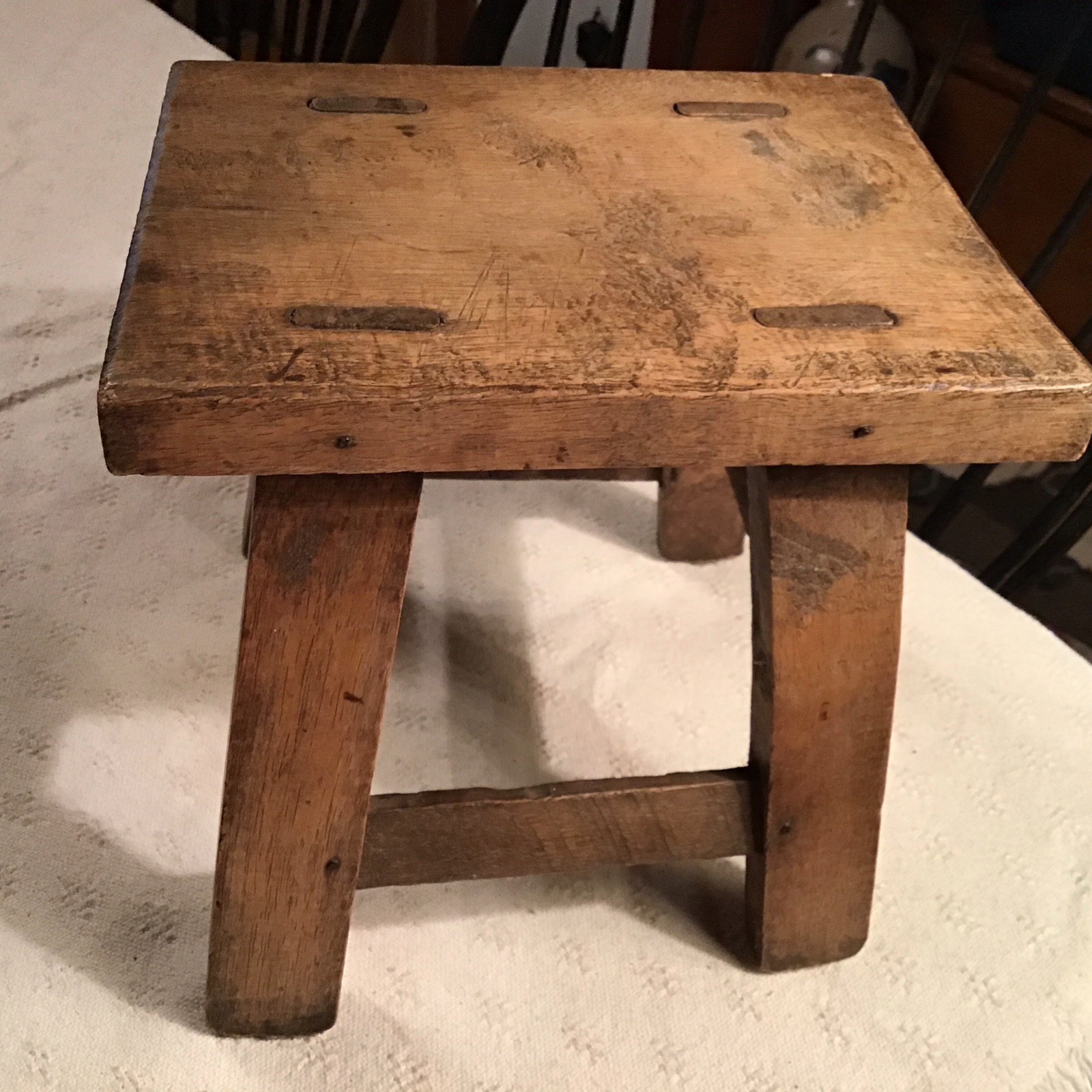 Primitive Vintage Wooden Small  Oak Stool 4 Legs Pegged 8 3/4” Tall