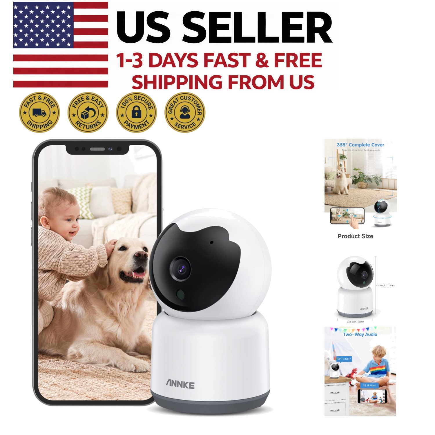 Plug & Play 2K Home Security Camera - 360° Vision with Two-Way Audio & Alerts