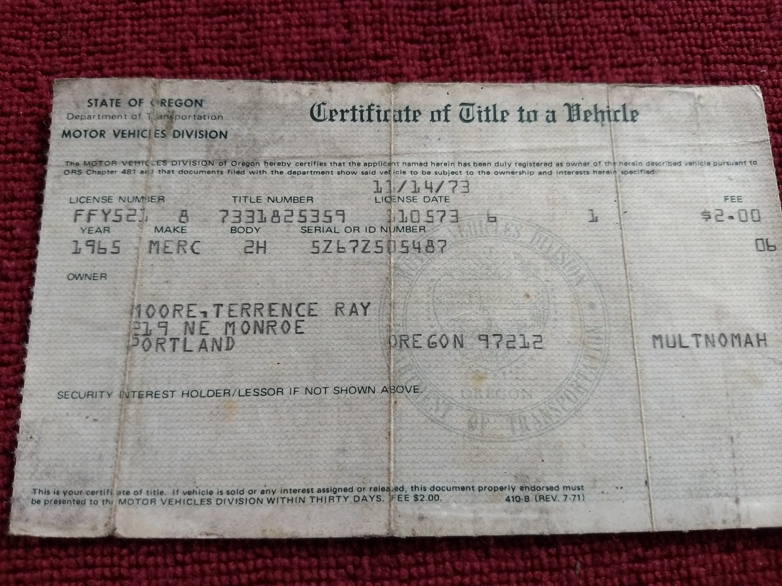 Vintage Historical Oregon Title Document 1965 Mercury 2H