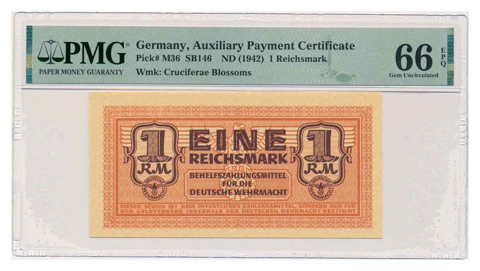 GERMANY banknote 1 Reichsmark 1942 PMG MS 66 EPQ Gem Uncirculated