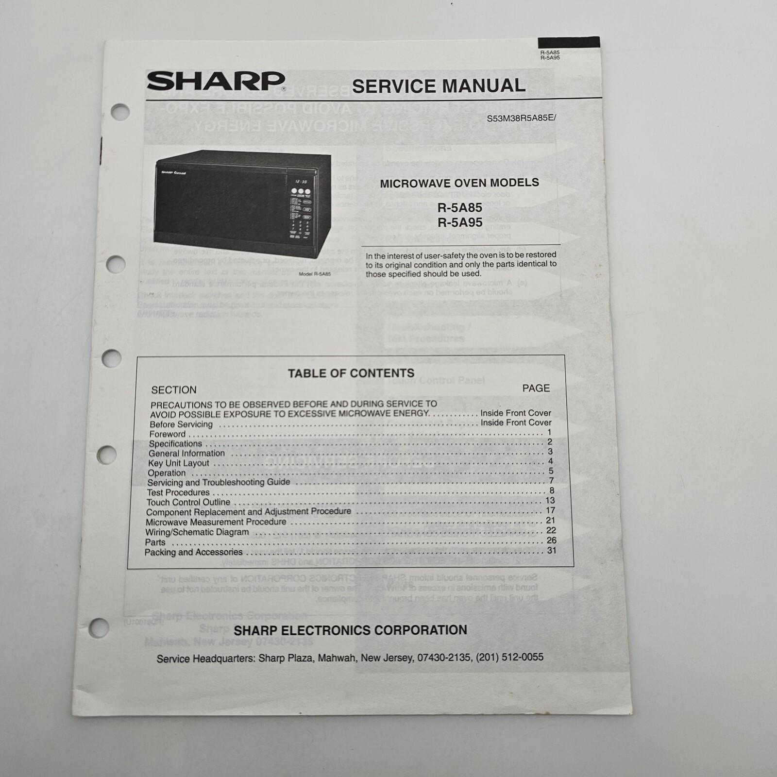 OEM Sharp Service Manual for Microwave Oven Models R-5A85 R-5A95 VTG Electronics