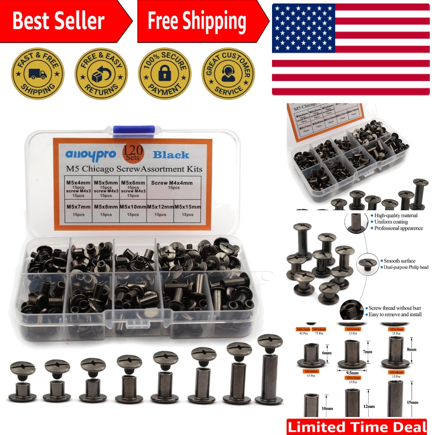 120Pcs Black Chicago Screws Assorted Kit 8Size Gun Metal Leather Rivets 3/16"...