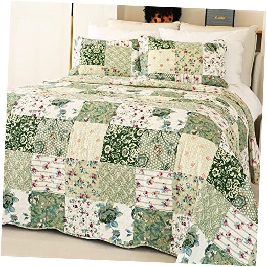  Summer Floral Queen Quilted Bedspread,Romantic Queen(90"x90") Green&white