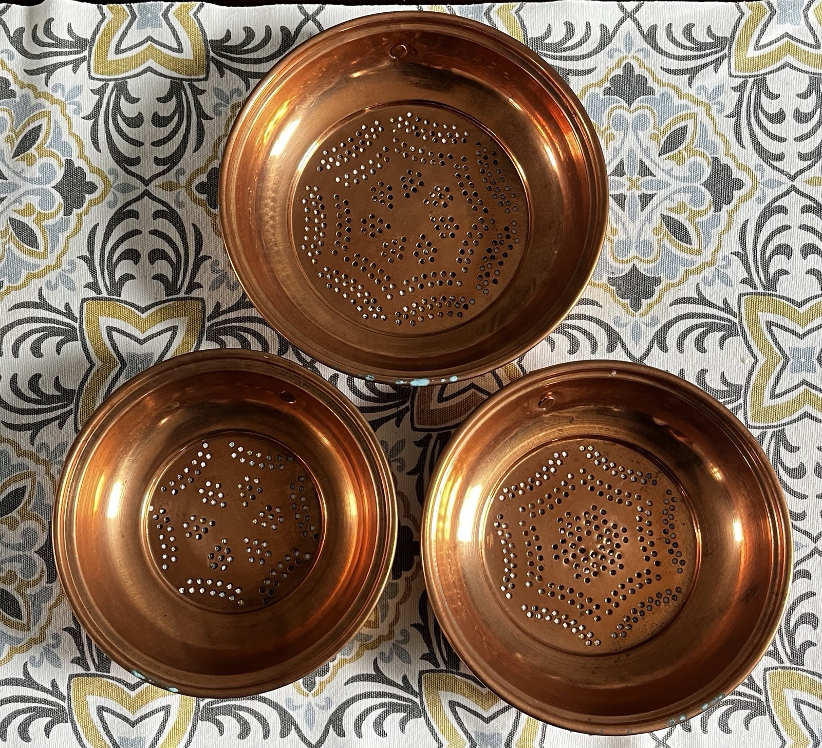 Set of 3 Vintage Copper Sieve Strainer Colander Patina Verdigris Brass Hang Ring