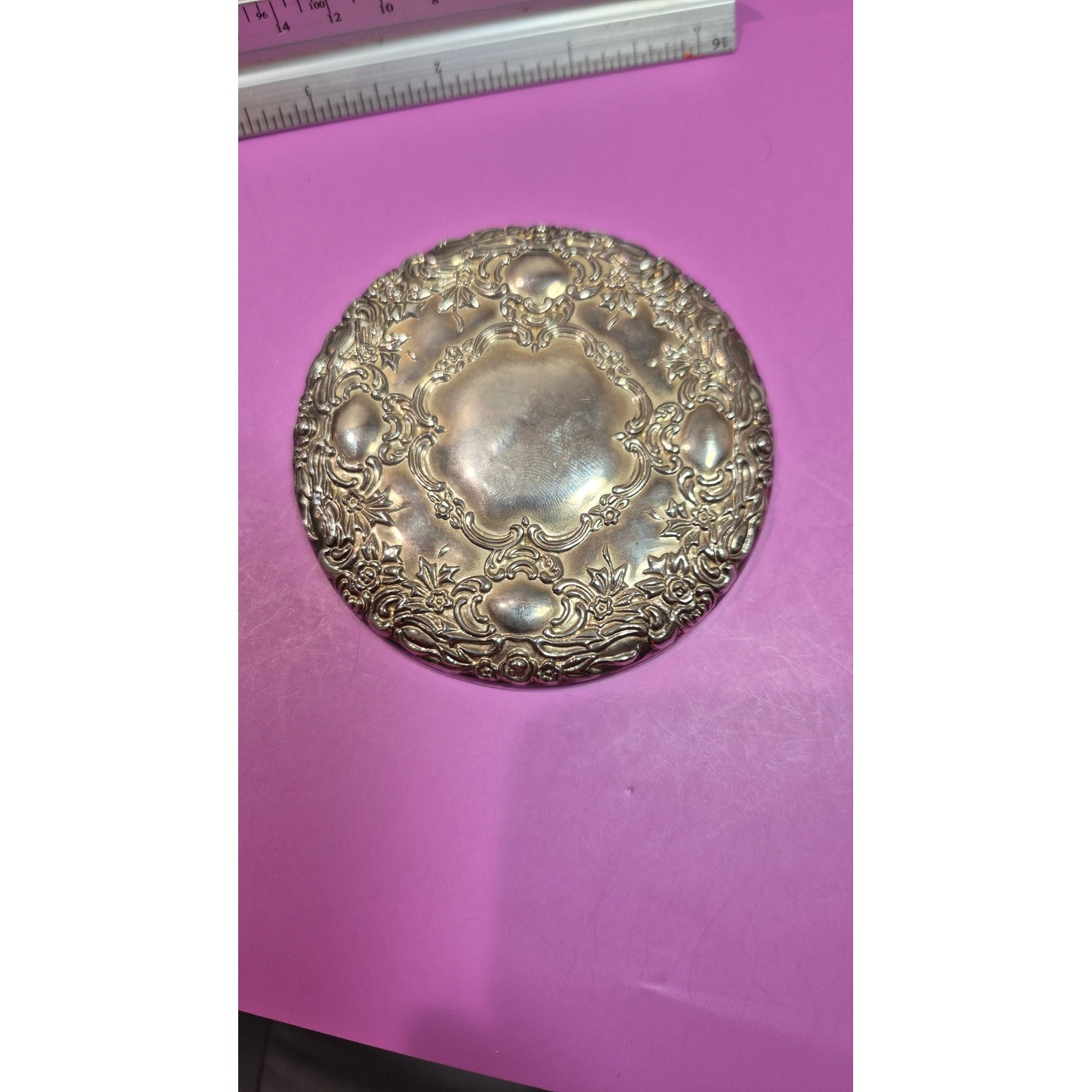 Vintage Towle Repousse Floral Pocket Mirror Silver Tone Round Compact 3 Inch