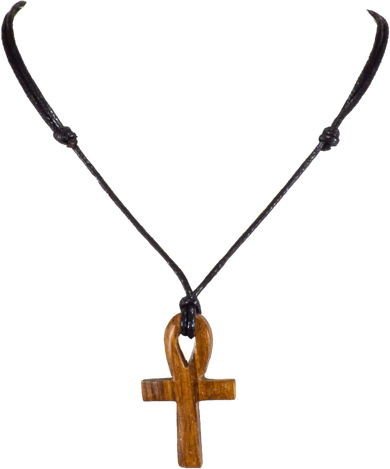 Hand Carved Wood Ankh Cross Pendant on Adjustable Black Rope Cord Necklace