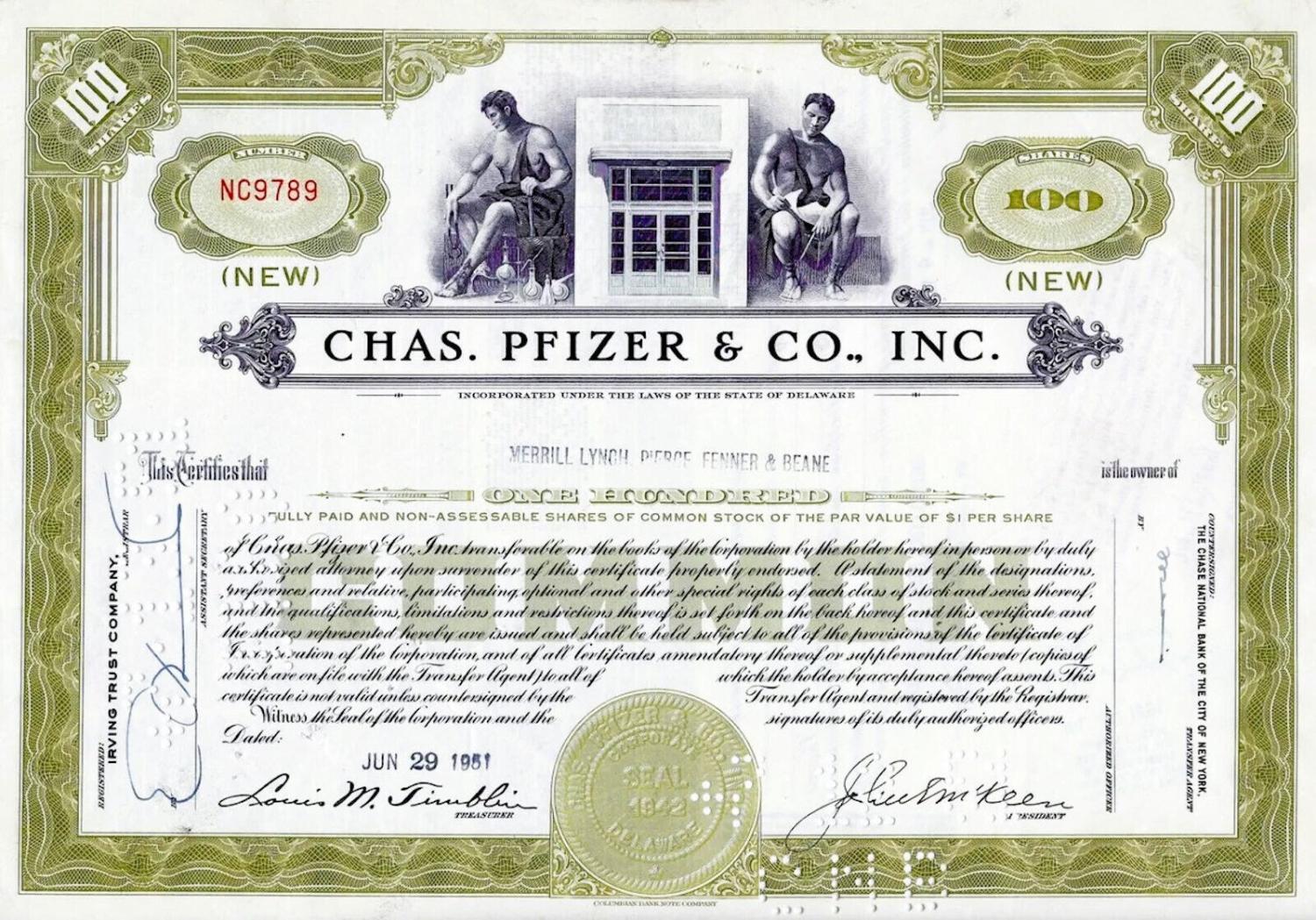 50 X Chas. Pfizer & Co., Inc. 1950s 100 Shares