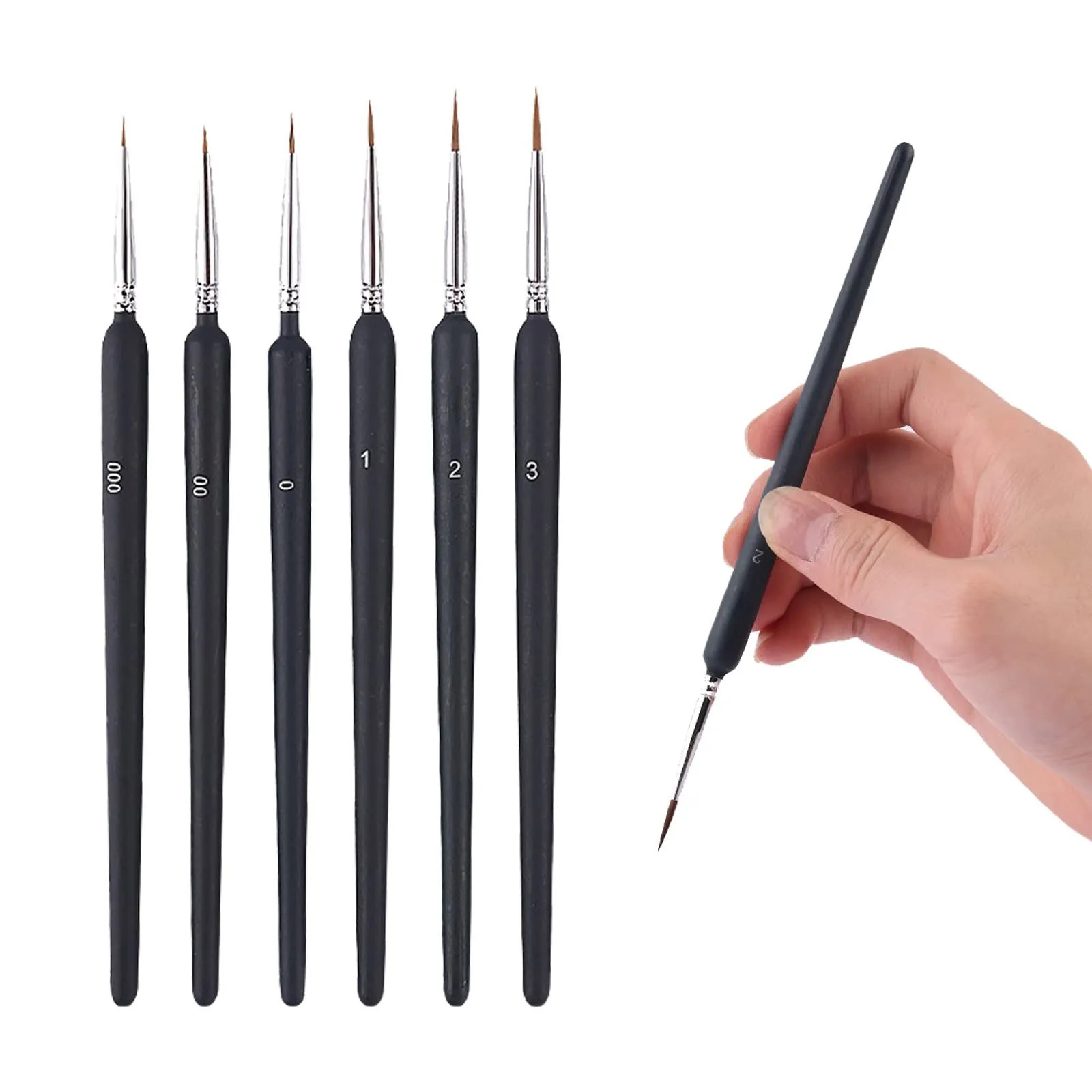 DFsucces 6-Piece Set of Extra-Fine Black Paintbrushes for Watercolor, Oil, and I
