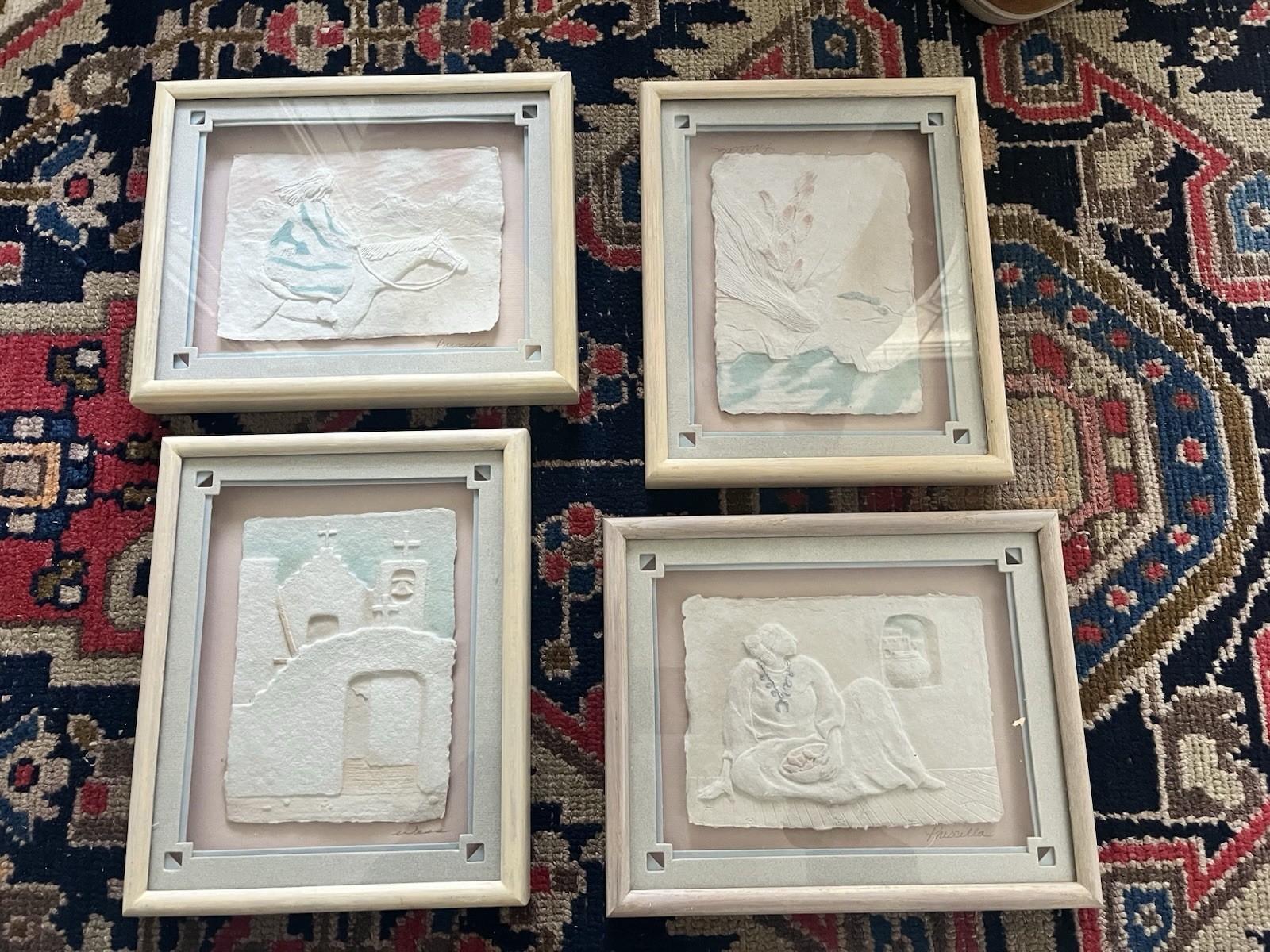 Vintage Figi Graphics Southwestern Paper Art Signed Artwork Set Of 4