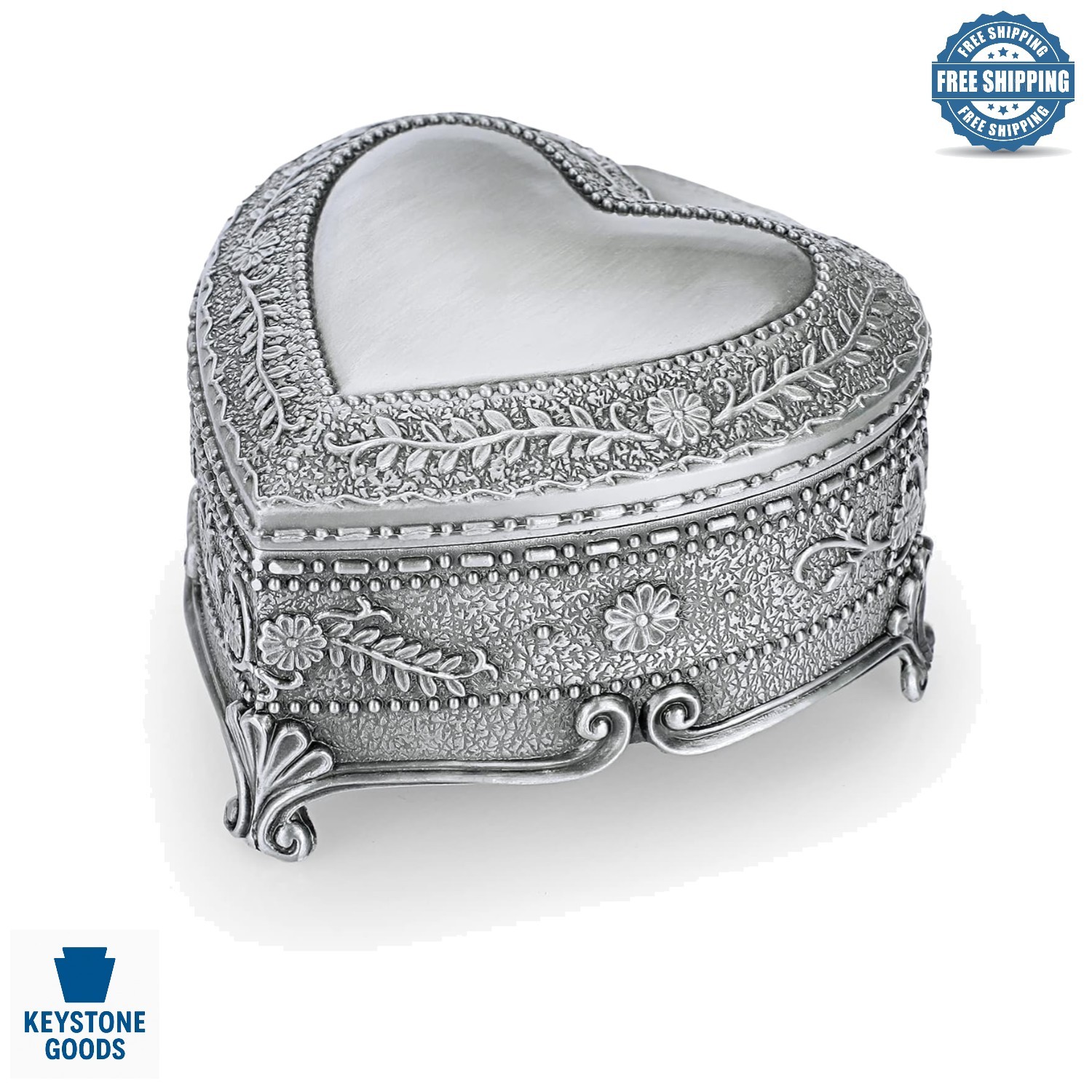 Vintage Heart-Shaped Jewelry Box | Antique Silver Trinket Organizer for Rings...