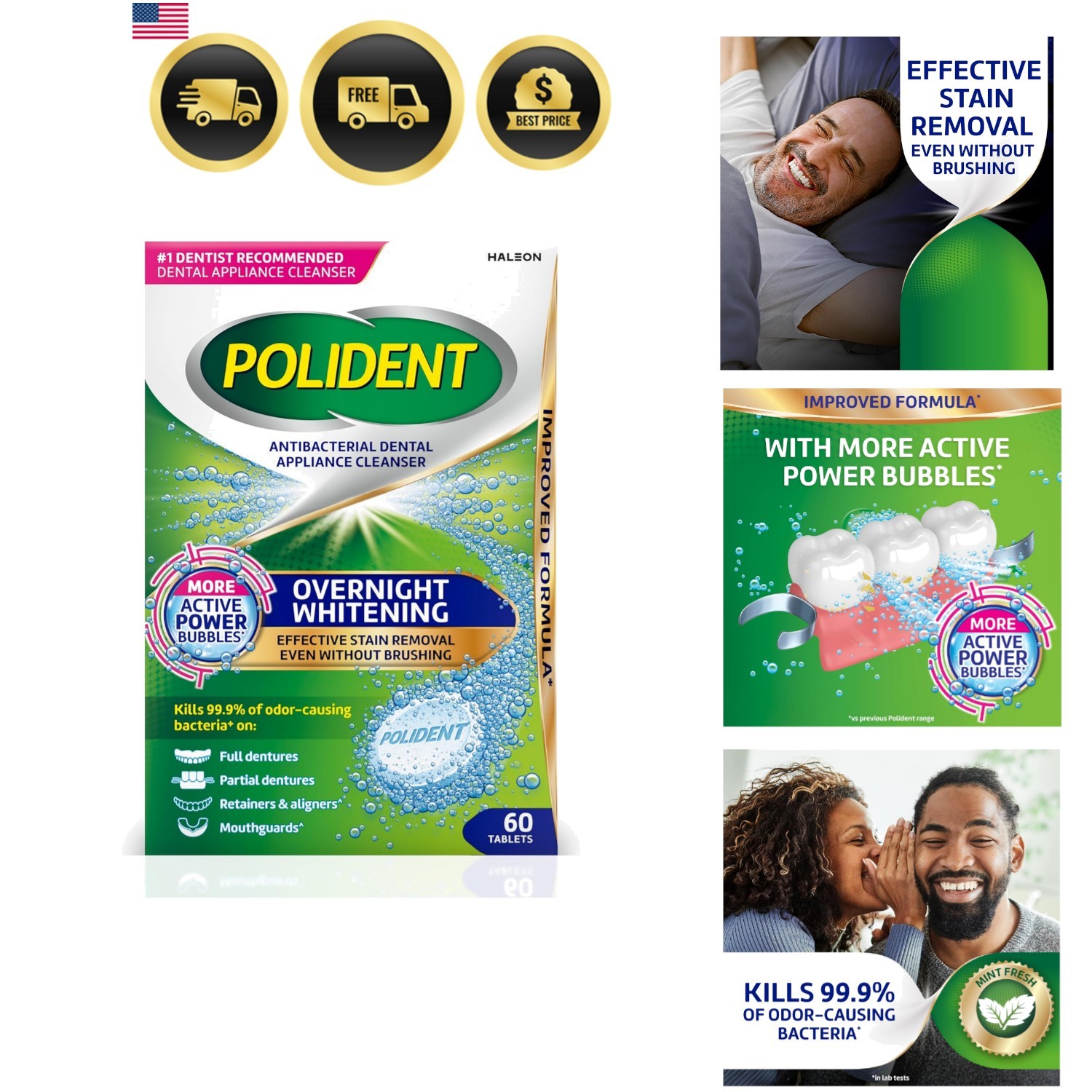 Overnight Whitening Antibacterial Dental Appliance Cleanser Tablets, 60 Count