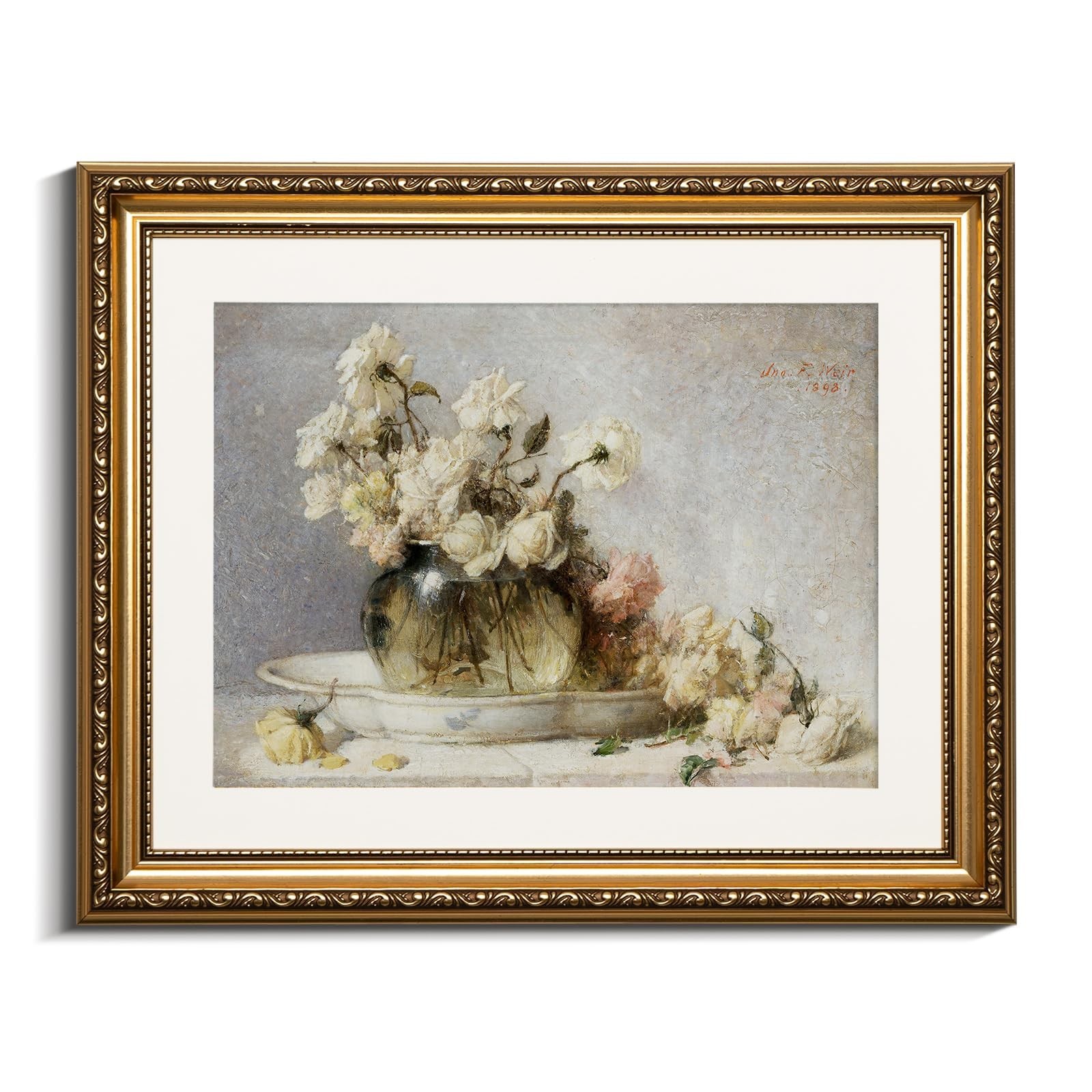 VIYYIEA Gold Framed Vintage Floral Still Life Wall Art, Elegant White Roses A...