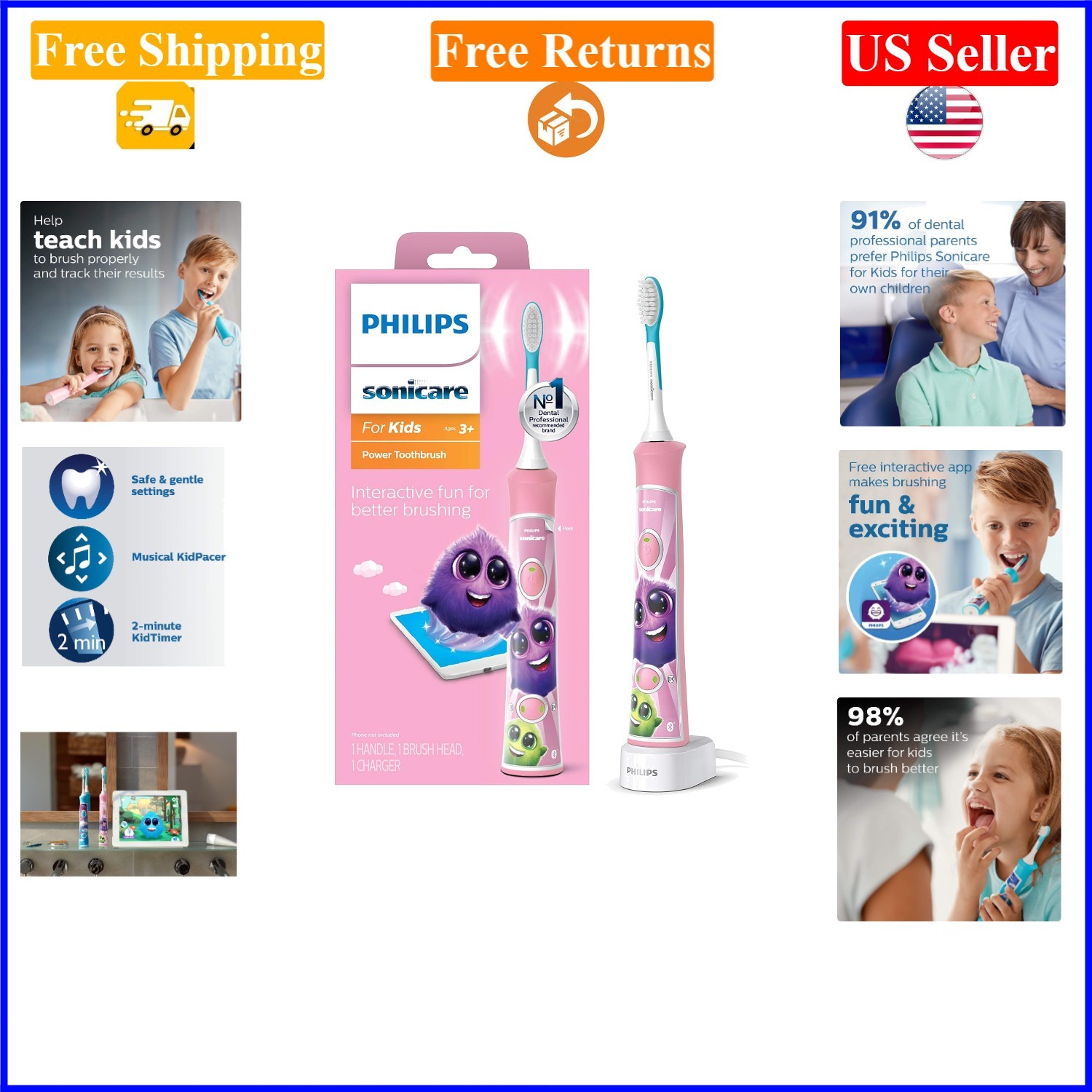 Pink Kids Bluetooth Rechargeable Electric Toothbrush for 3+ with App