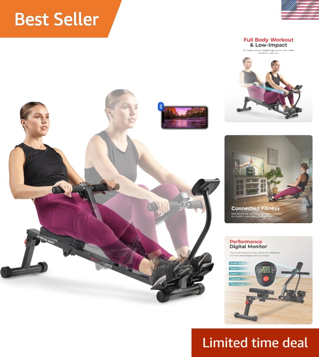 Compact Adjustable Rowing Machine with 12 Levels of Resistance for Complete B...