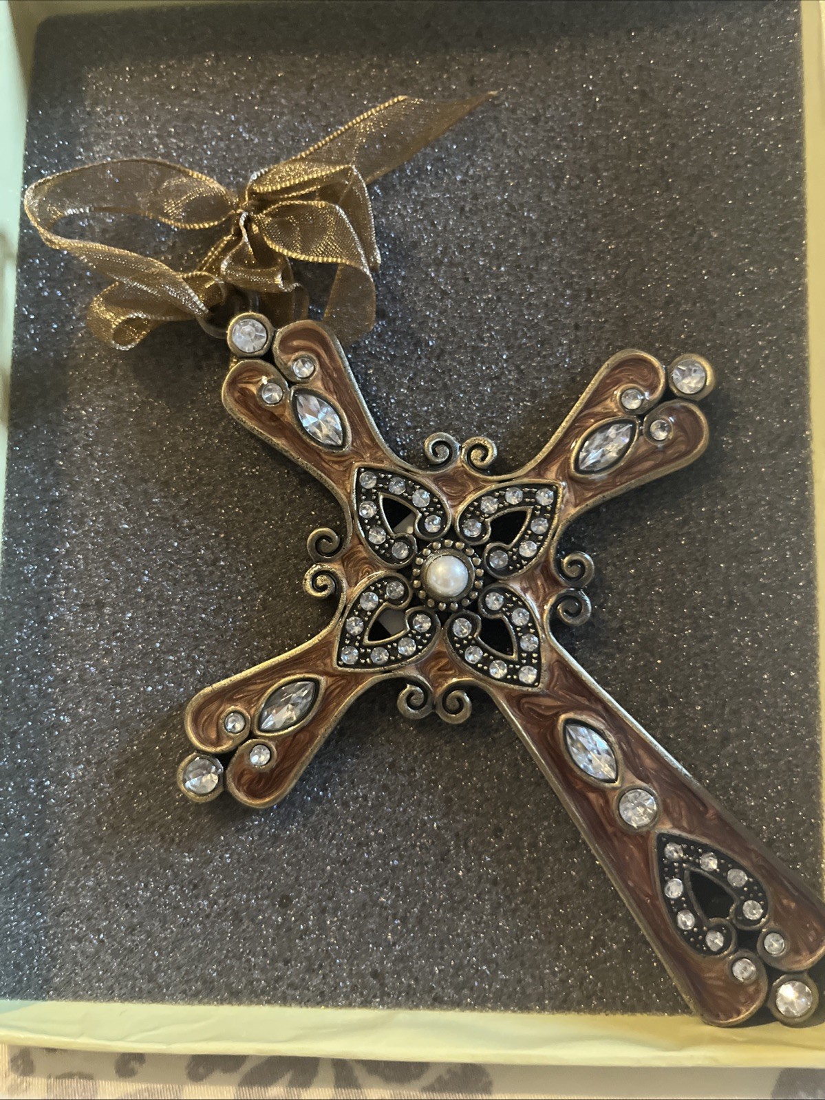 NEW in Box Vintage Kirkland's Enameled Brass Cross  w/Jewels Gold-Tone Finish