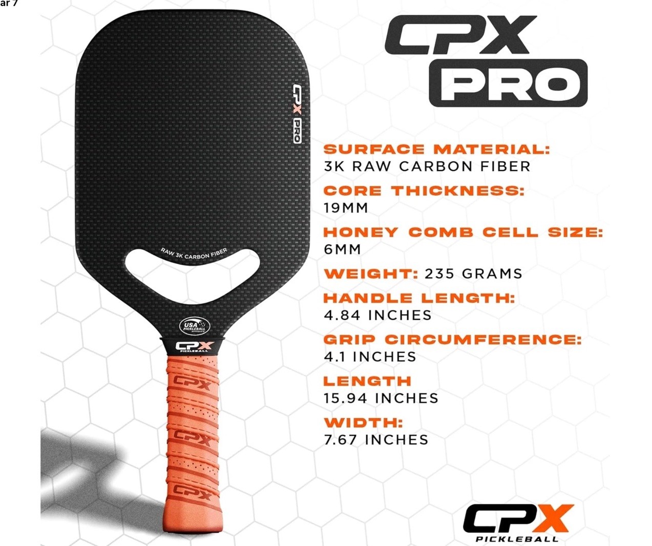 CPX Pro Carbon Fiber Pickleball Paddle - Edgeless, Matte Finish, Pro Grip