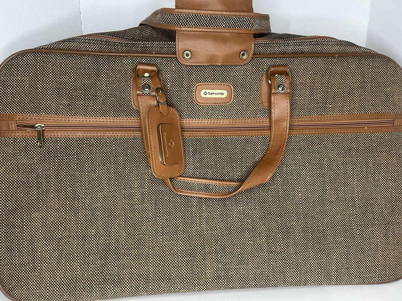 VTG Samsonite Canvas Leather Carry On Suitcase Brown Beige Abstract Adjustable