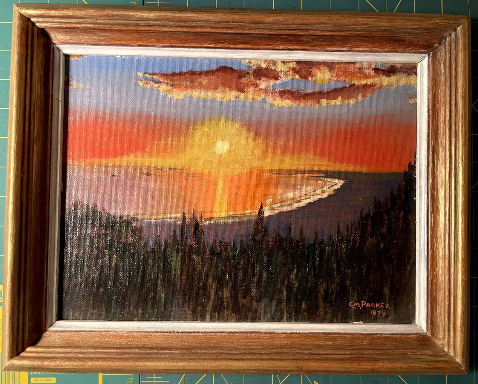 Vintage 1979 Oil Painting Forest and Seascape Sunset Signed C.M. Parker