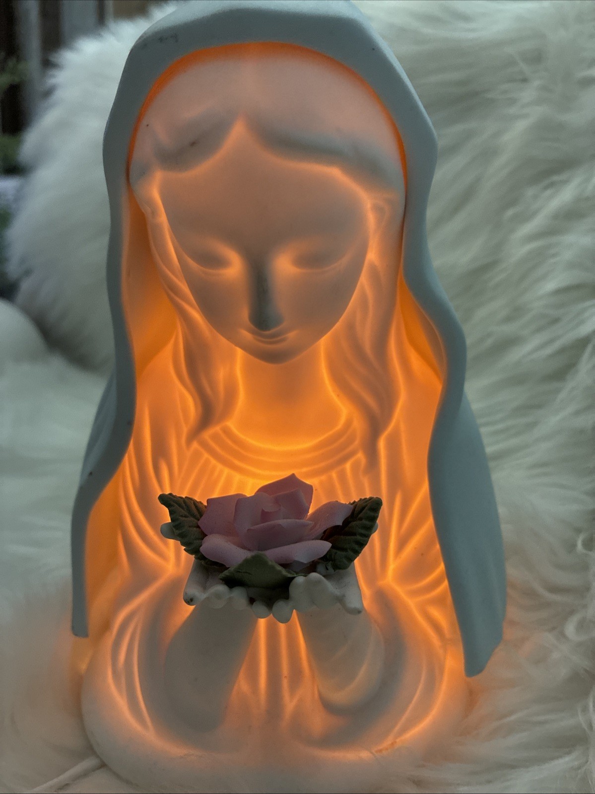 Vtg MOTHER MARY Virgin Night Light~Madonna & Rose Electric Hand Painted Lefton