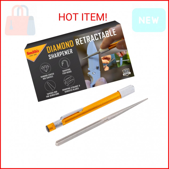 Smith’s 51446 Diamond Retractable Sharpener – Gold – Reversible Rod – Compact – 
