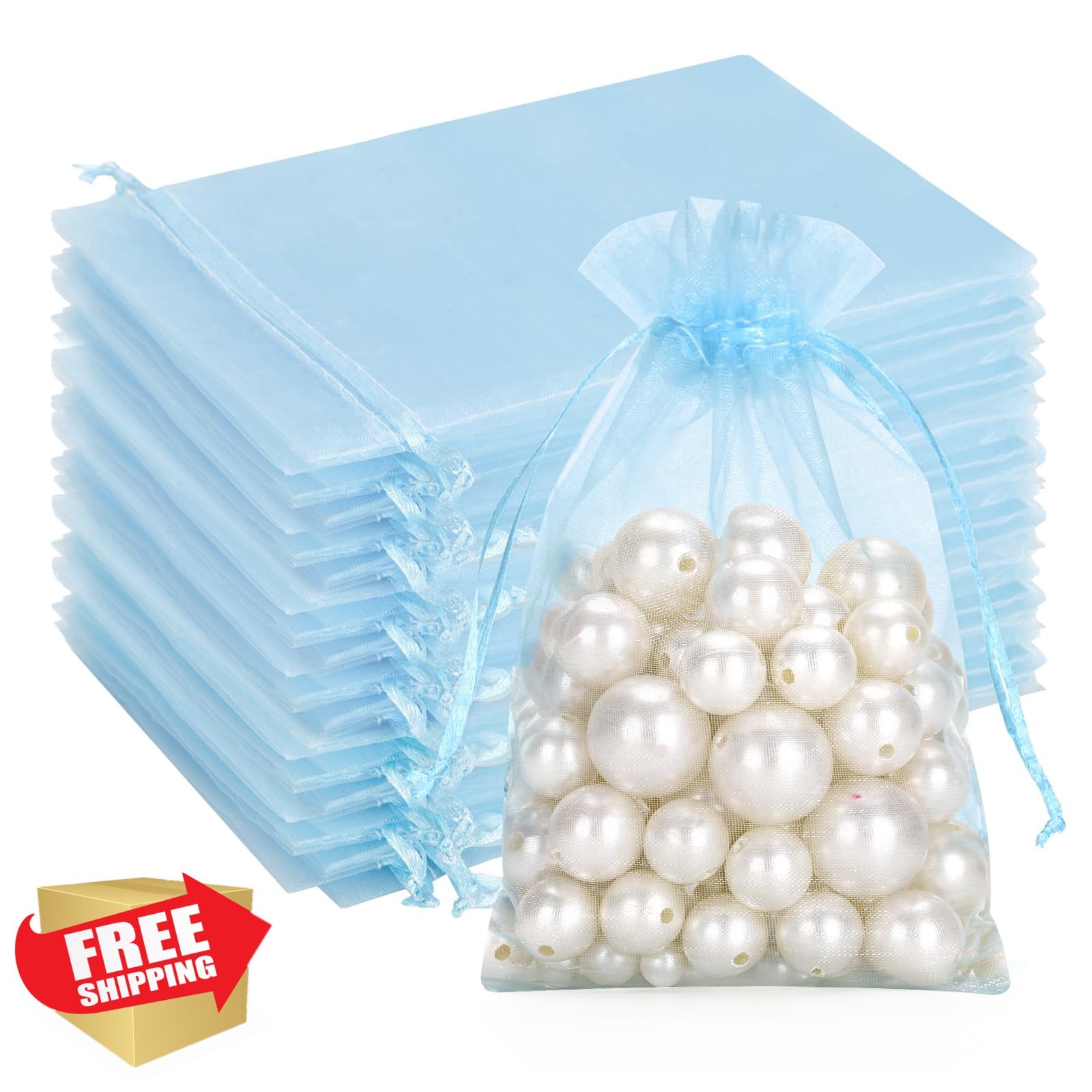 G2PLUS Blue Organza Bags 4x6 inch, 100PCS Drawstring Jewelry Pouches