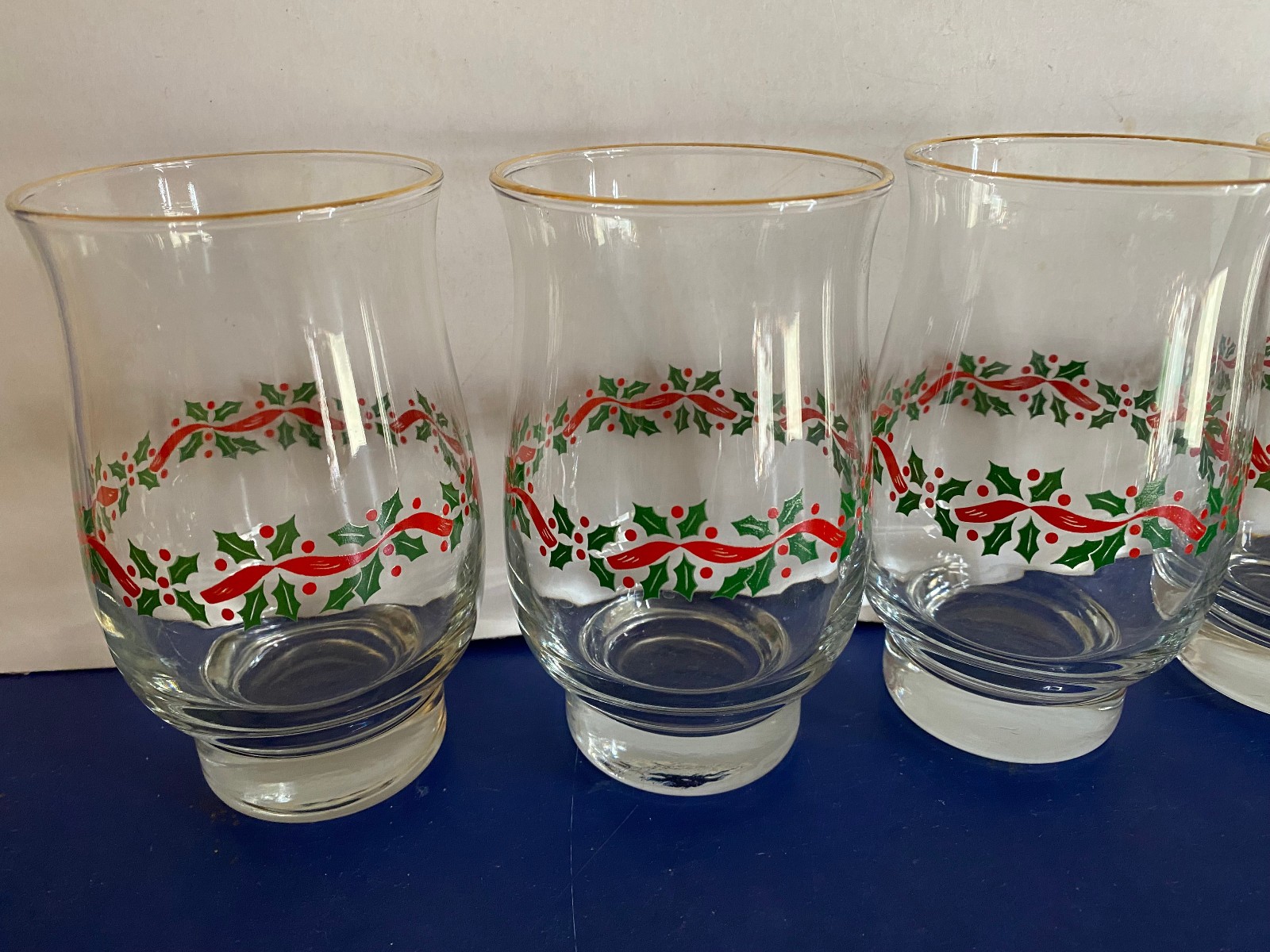 Libbey Christmas Arby's Flat Tumblers Holly Berry Ribbon Glasses 5.25"  Set Of 6