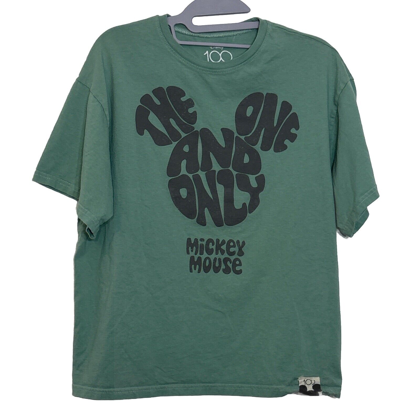 EUC Disney 100 Years of Wonder Womens Size XS Green Gray Mickey Mouse Tee Shirt