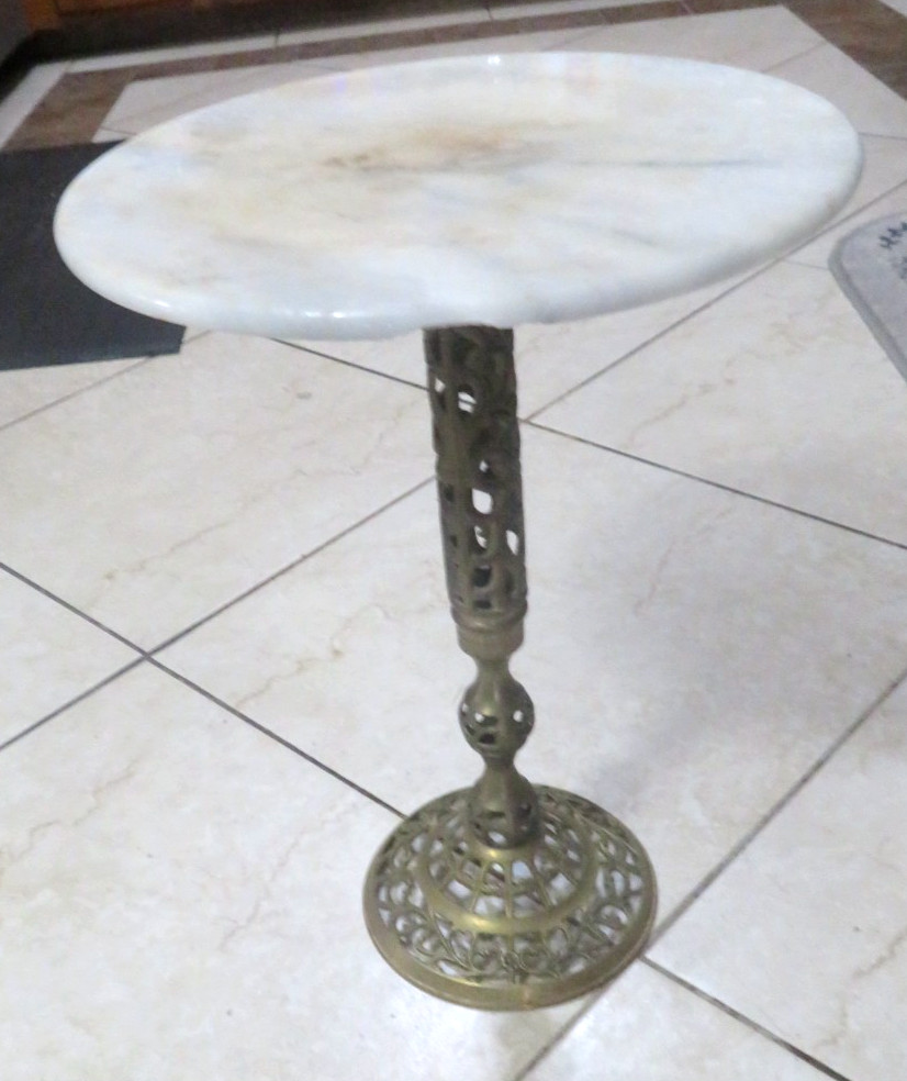 Antique Marble Top  Brass Pedestal Table (160-EW)