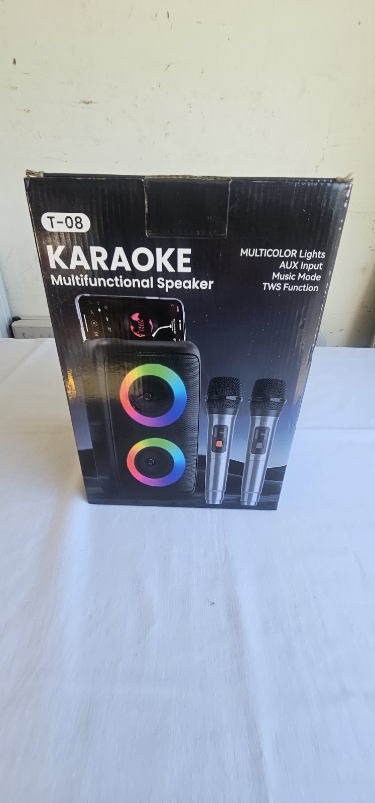 T-08 Karaoke Multifunctional Speaker, Multicolor Lights, Two Microphones, Black