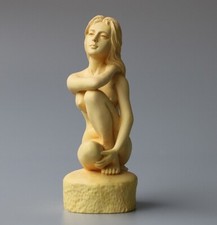 Chinese Naked Seating Model Girl Statue Boxwood Carved Beauty Figure Art Deco