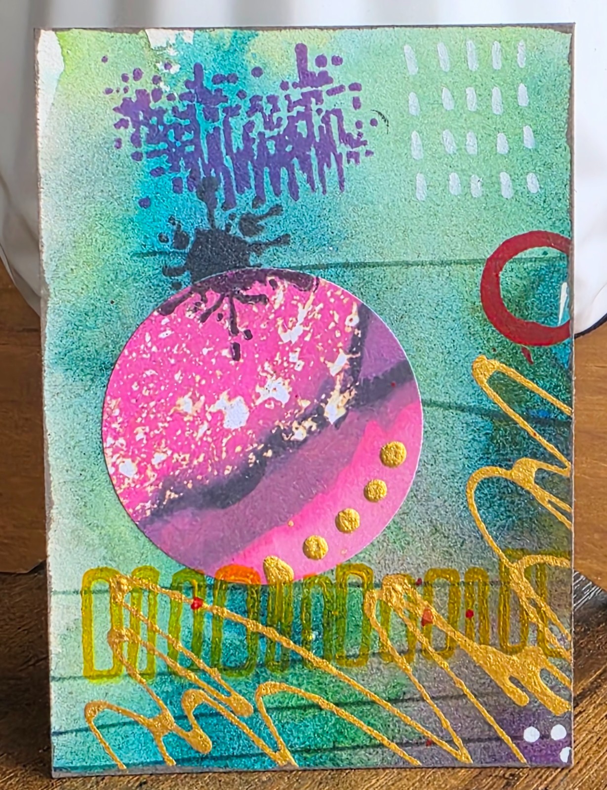 Original ACEO Mixed Media Abstract Art Card Pink Moon Garden OOAK