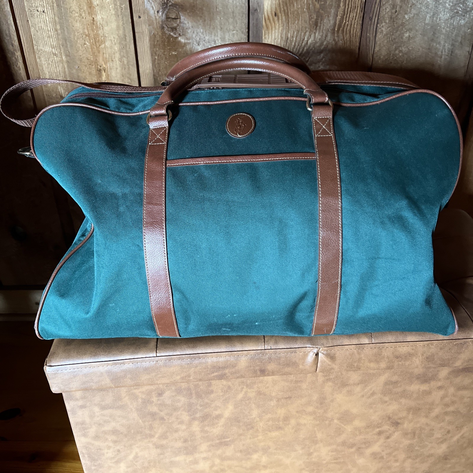 VTG Polo Ralph Lauren Green Canvas Leather Duffle Bag Travel Carry-On