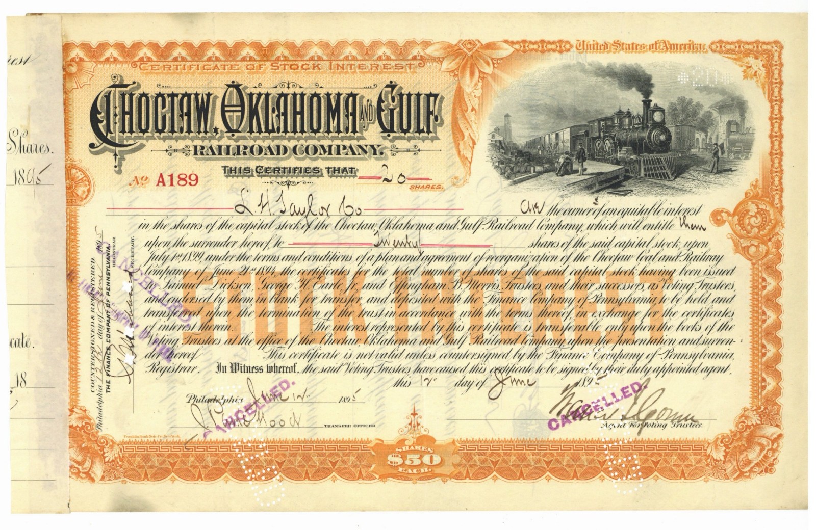 Choctaw, Oklahoma and Gulf Railroad Company. Stock Certificate. 1895