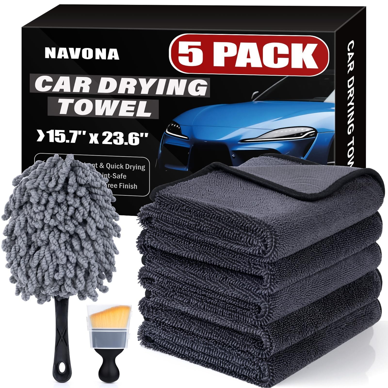 Navona 5 Pack Microfiber Car Drying Towels – Ultra Absorbent, Lint-Free Mu