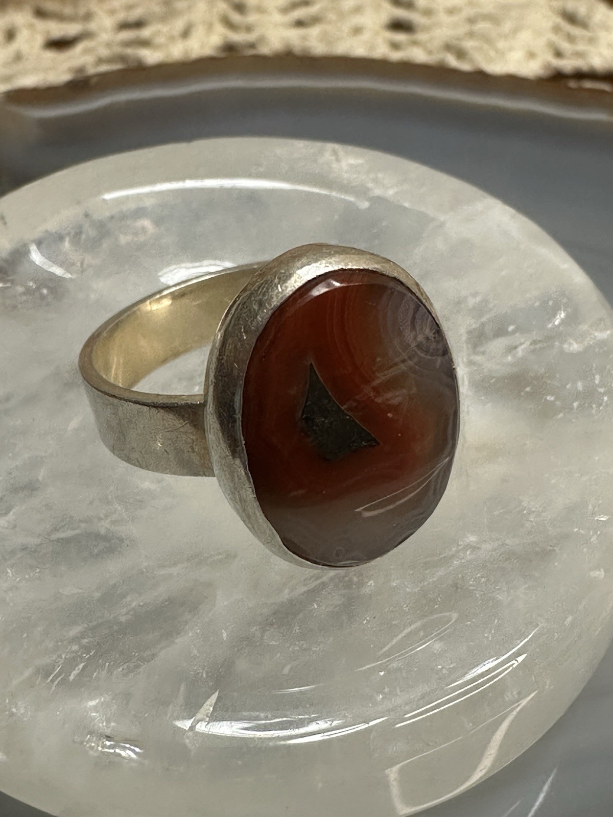 Unmarked Tests Sterling Silver Banded Agate Oval Stone Cabochon Ring 8 US 5.39g