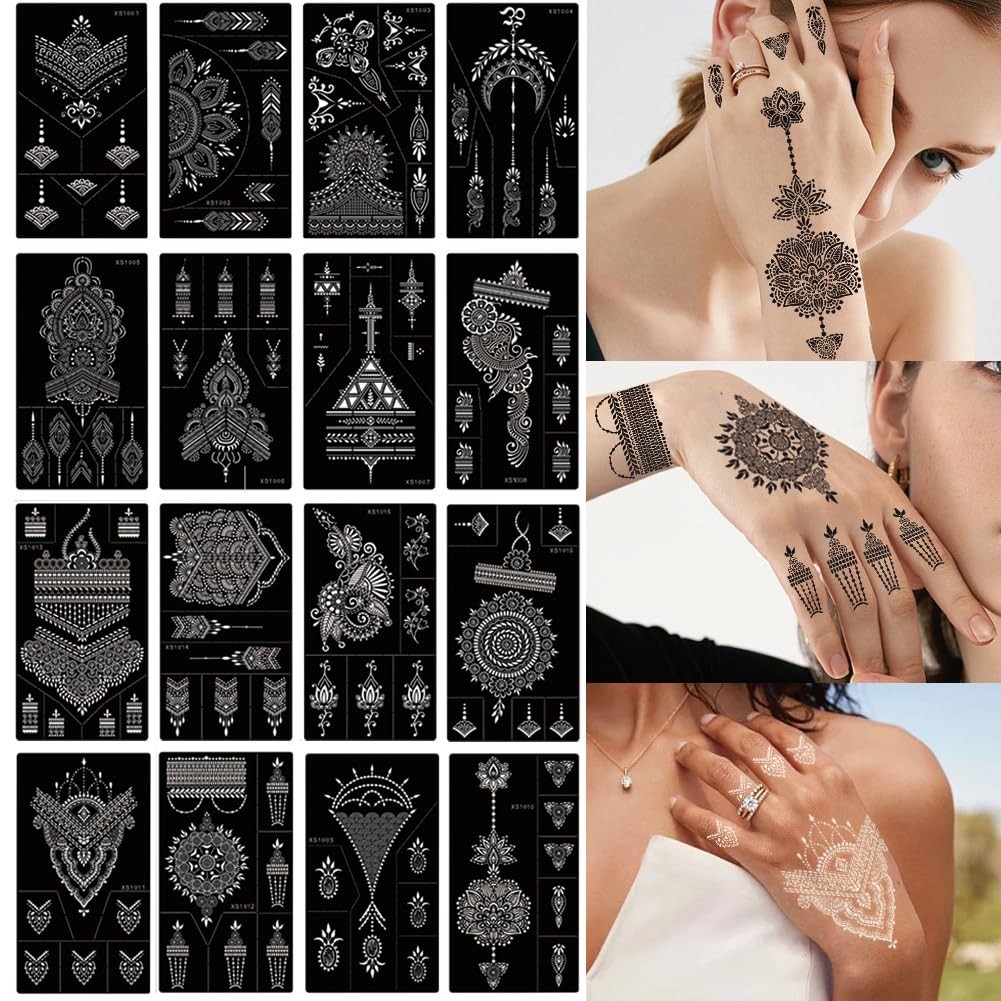 XMASIR 16 Sheets Temporary Tattoo 4.72 inches x 8.26 inches, Black3-16Pcs 