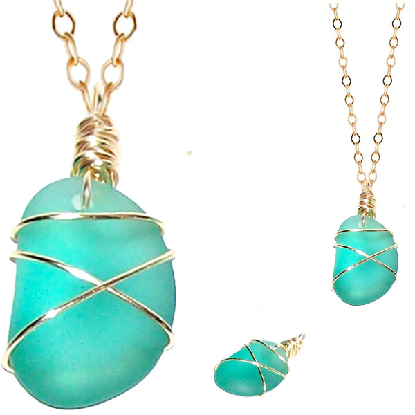USA | Artisan Gold wire-wrap GREEN BLU sea glass freeform nontarnish Necklace #2