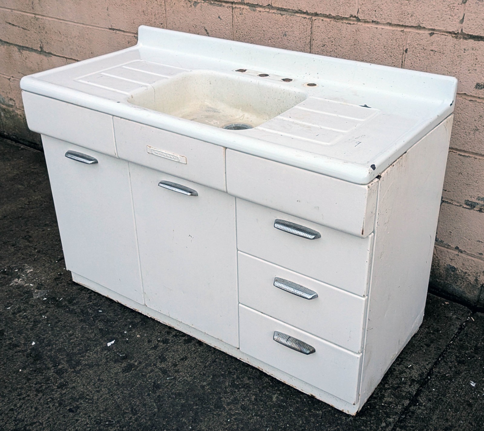 54" Vintage Antique Old Art Deco White Porcelain Steel Farm Kitchen Sink Cabinet